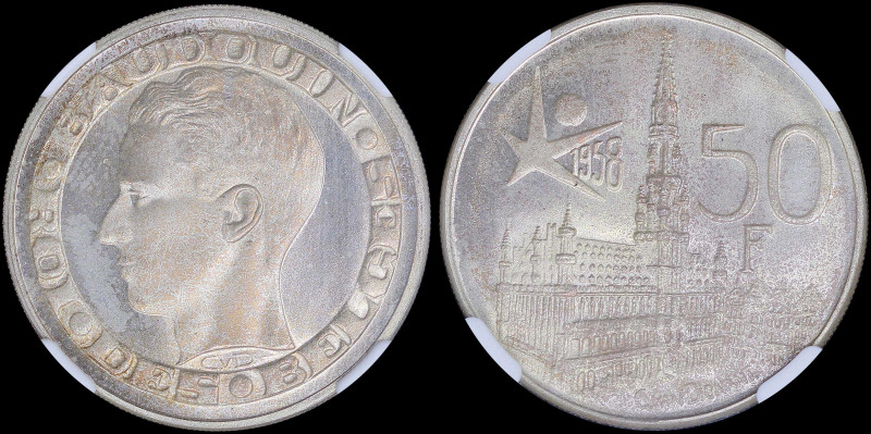 BELGIUM: 50 Francs (1958) in silver (0,835) commemorating Brussels World Fair wi...