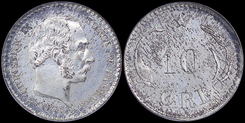 DENMARK: 10 Ore (1875 CS) in silver (0,400) with head of King Christian IX facin...