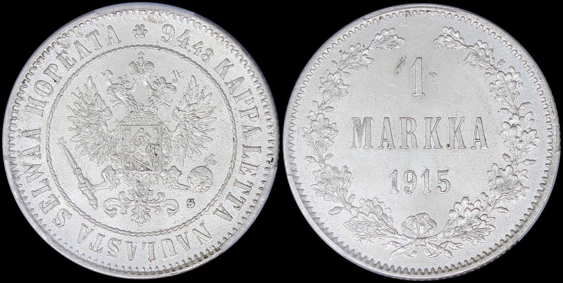 FINLAND: 1 Markka (1915 S) in silver (0,868) with crowned imperial double-headed...