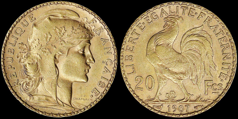 FRANCE: 20 Francs (1907) in gold (0,900) with an oak leaf wreath encircling libe...