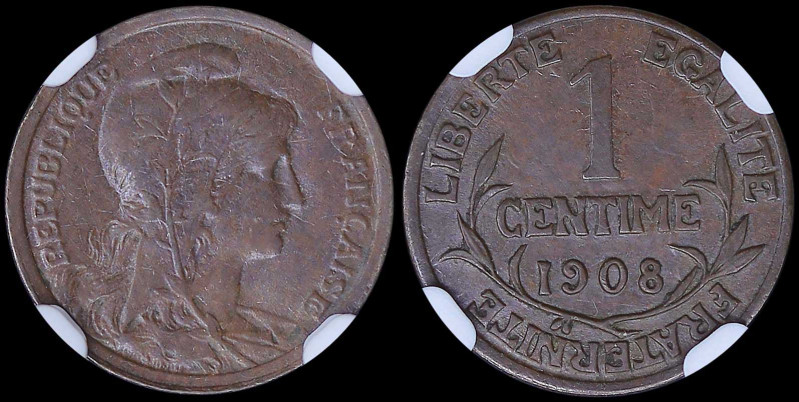 FRANCE: 1 Centime (1908) in bronze with head of Liberty facing right. Denominati...