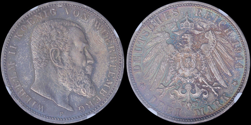 GERMAN STATES / WURTTEMBERG: 3 Mark (1914 F) in silver (0,900) with head of Wilh...