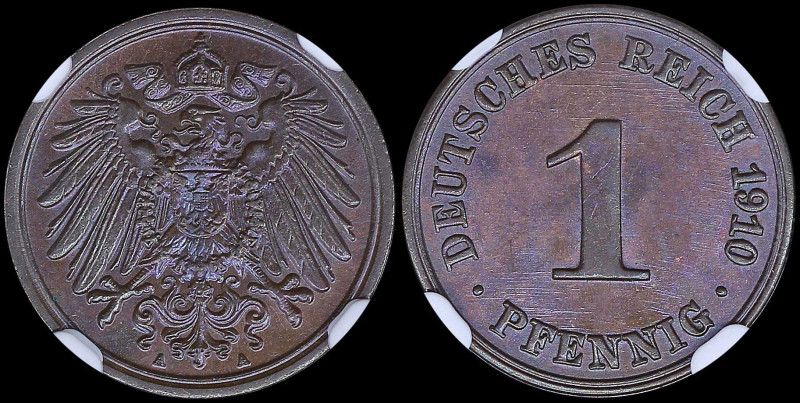 GERMANY / EMPIRE: 1 Pfennig (1910 A) in copper with denomination, date at right....