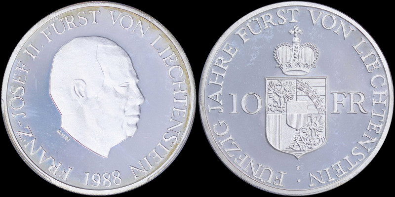 LIECHTENSTEIN: 10 Franken (1988) in silver (0,900) commemorating the 50th Annive...