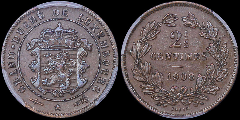 LUXEMBOURG: 2-1/2 Centimes (1908) in bronze with crowned ornate shield within ro...