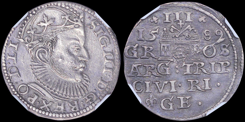 POLAND / RIGA: 3 Grossus (1589 GE) in silver with head of King Sigismund III fac...