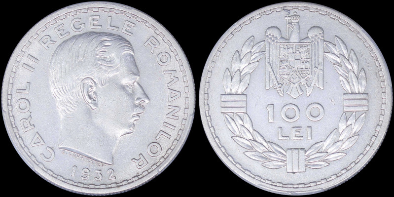 ROMANIA: 100 Lei (1932) in silver (0,500) with head of Carol II facing right. Cr...