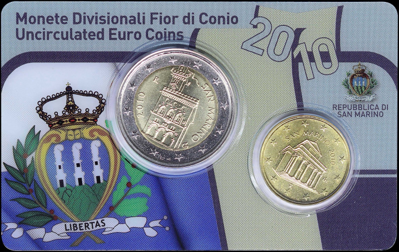 SAN MARINO: Set of 10 Cent + 2 Euro (2010). Inside official coincard. (KM 482 + ...