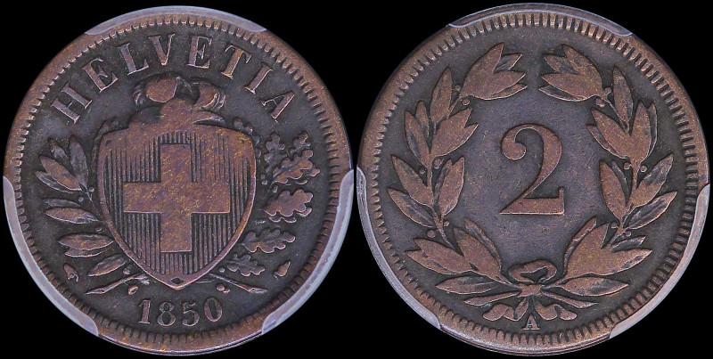 SWITZERLAND: 2 Rappen (1850 A) in bronze with cross in shield within sprigs and ...