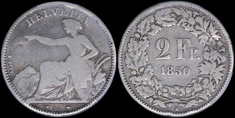 SWITZERLAND: 2 Francs (1850 A) in silver (0,900) with seated Helvetia. Value and...