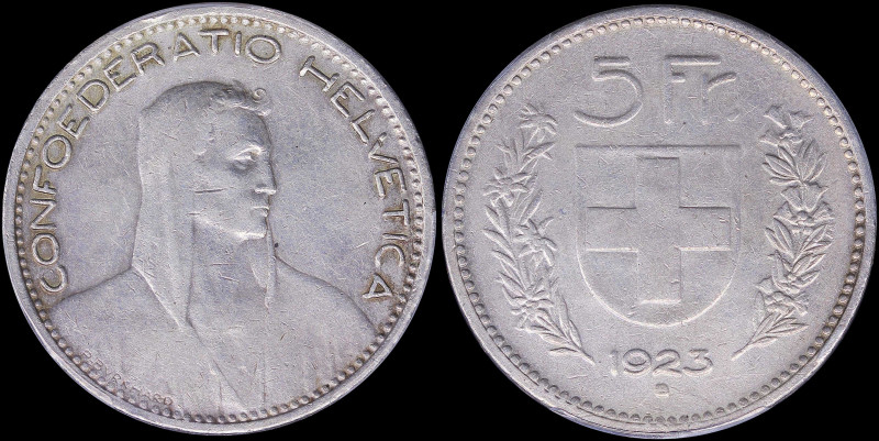 SWITZERLAND: 5 Francs (1923 B) in silver (0,900) with bust of William Tell facin...