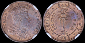 CEYLON: 1/2 Cent (1905) in copper with crowned bust of King Edward VII facing right. Tree within circle, date below and denomination above on reverse....