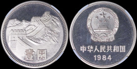 CHINA, PEOPLES REPUBLIC: 1 Yuan (1984) in copper-nickel with national emblem and date below. Great Wall on reverse. Inside slab by NGC "PF 68 CAMEO / ...