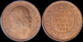 INDIA / BRITISH: 1/4 Anna [1905 (c)] in copper with bust of King Edward VII facing right. Value and date within beaded circle and wreath on reverse. I...