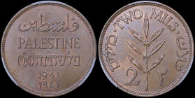 PALESTINE: 2 Mils (1941) in bronze with inscription "PALESTINE" in English, Hebrew and Arabic. Value and plant on reverse. Inside slab by PCGS "MS 65 ...