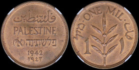 PALESTINE: 1 Mil (1942) in bronze with inscription "PALESTINE" in English, Hebrew and Arabic. Value and plant on reverse. Inside slab by NGC "MS 64 RB...