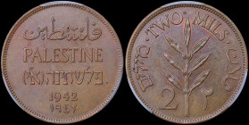 PALESTINE: 2 Mils (1942) in bronze with inscription "PALESTINE" in English, Hebrew and Arabic. Value and plant on reverse. Inside slab by PCGS "MS 64 ...