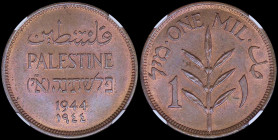 PALESTINE: 1 Mil (1944) in bronze with inscription "PALESTINE" in English, Hebrew and Arabic. Value and plant on reverse. Inside slab by NGC "MS 65 RB...