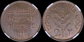PALESTINE: 2 Mils (1946) in bronze with inscription "PALESTINE" in English, Hebrew and Arabic. Value and plant on reverse. Inside slab by NGC "MS 66 B...