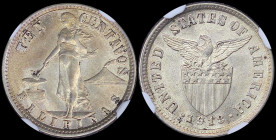 PHILIPPINES / U.S. ADMINISTRATION: 10 Centavos (1918 S) in silver (0,750) with female standing beside hammer and anvil. Eagle above stars and striped ...