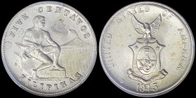 PHILIPPINES / U.S. ADMINISTRATION: 5 Centavos (1945 S) in copper-nickel with male seated beside hammer and anvil. Eagle with wings open above shield o...