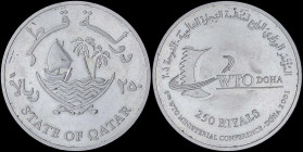 QATAR: 250 Riyals (2001) in silver commemorating the 4th WTO Conference with national Arms. WTO logo, value, date and legend in English and Islamic on...