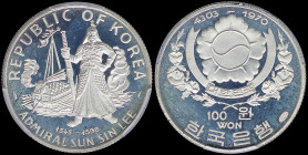 SOUTH KOREA: 100 Won (KE4303 / 1970) in silver (0,999) with Arms within floral spray. Admiral Sun Sin Lee with boat on reverse. Mintage: 4350 coins. I...