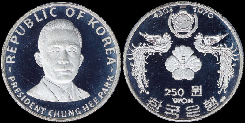 SOUTH KOREA: 250 Won (KE4303 / 1970) in silver (0,999) with Arms above flower fl...