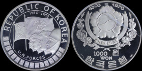 SOUTH KOREA: 1000 Won (KE4303 / 1970) in silver (0,999) commemorating the UN Forces in South Korea with Arms within floral spray. Korean and UN flags ...