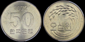 SOUTH KOREA: 50 Won (1972) from F.A.O. Series in copper-nickel-zinc with text sagging oat sprig. Value below date on reverse. Inside holder by PCGS "M...