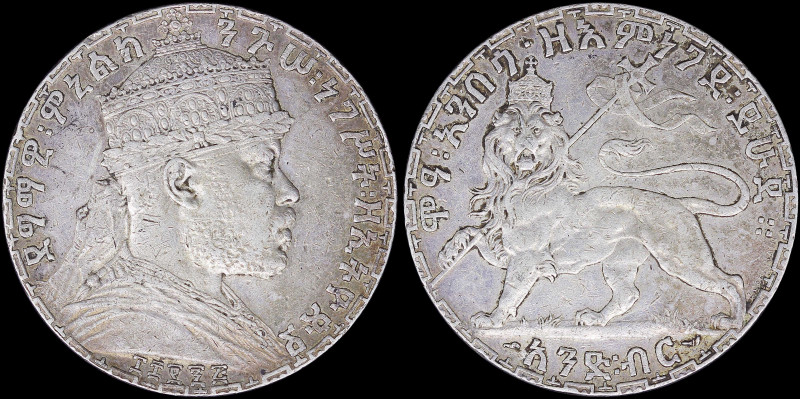 ETHIOPIA: 1 Birr (EE1192 / 1902) in silver (0,835) with crowned bust of Menelik ...