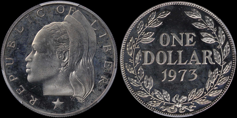 LIBERIA: 1 Dollar (1973) in copper-nickel with head with headdress facing left a...