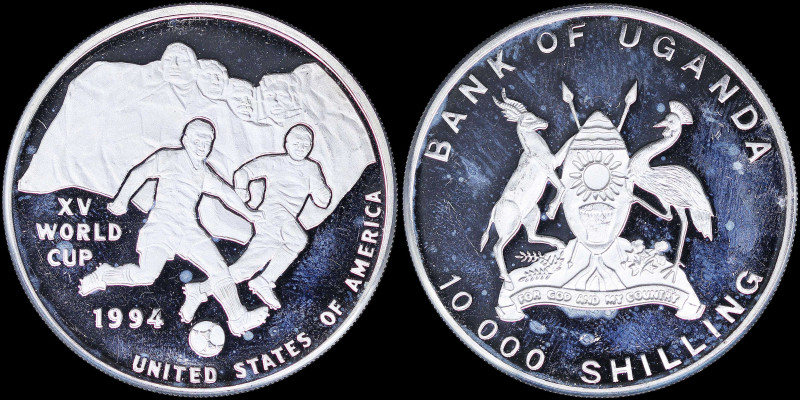 UGANDA: 10000 Shillings (ND 1992) in silver (0,999) commemorating Soccer / 1994 ...