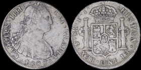 BOLIVIA: 8 Reales (1808 PTS PJ) in silver (0,896) with laureate bust of Charles IIII facing right. Crowned Arms between pillars on reverse. (KM 73). F...