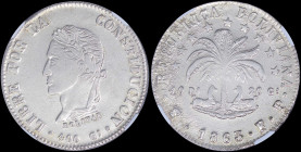 BOLIVIA: 8 Soles (1863 PTS FP) in silver (0,903) with llamas beneath tree and stars above. Laureate head of Bolivar facing left. Inside slab by NGC "U...