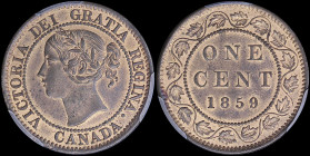 CANADA: 1 Cent (1859) in bronze with laureate head of Victoria facing left. Denomination and date within beaded circle on reverse. Variety: Double pun...