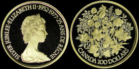 CANADA: 100 Dollars (1977) in gold (0,917) for the silver jubilee of the Queen with young bust of Queen Elizabeth II facing right. Bouquet of provinci...