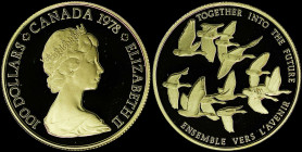 CANADA: 100 Dollars (1978) in gold (0,917) for the Canadian unification with young bust of Queen Elizabeth II facing right. Geese (representing the pr...