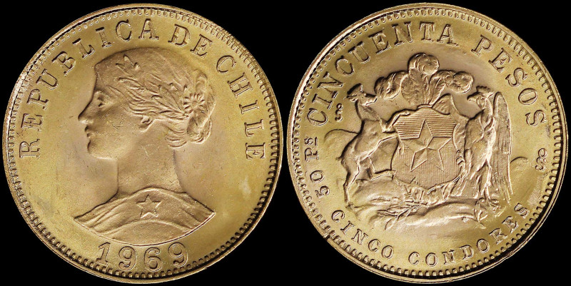 CHILE: 50 Pesos (1969) in gold (0,900) with Libertine bust facing left. Coat of ...