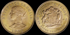 CHILE: 50 Pesos (1969) in gold (0,900) with Libertine bust facing left. Coat of Arms, denomination above on reverse. (KM 169). Uncirculated.