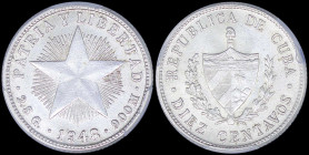CUBA: 10 Centavos (1948) in silver (0,900) with national Arms within wreath and denomination below. Low relief star and date below on reverse. Inside ...