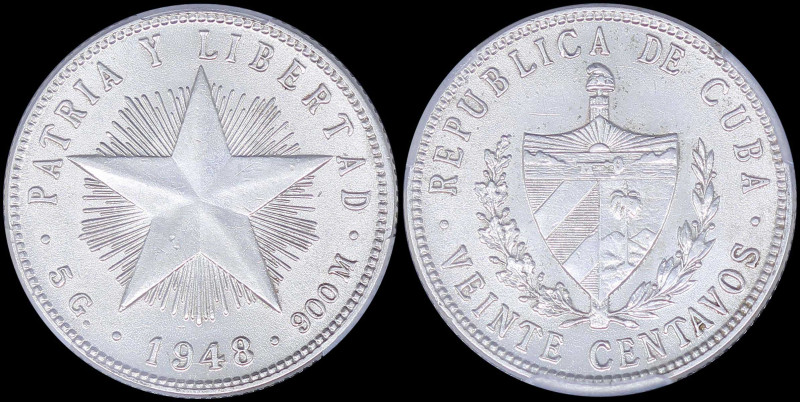 CUBA: 20 Centavos (1948) in silver (0,900) with national Arms within wreath and ...