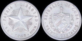 CUBA: 20 Centavos (1948) in silver (0,900) with national Arms within wreath and denomination below. Low relief star and date below on reverse. Inside ...