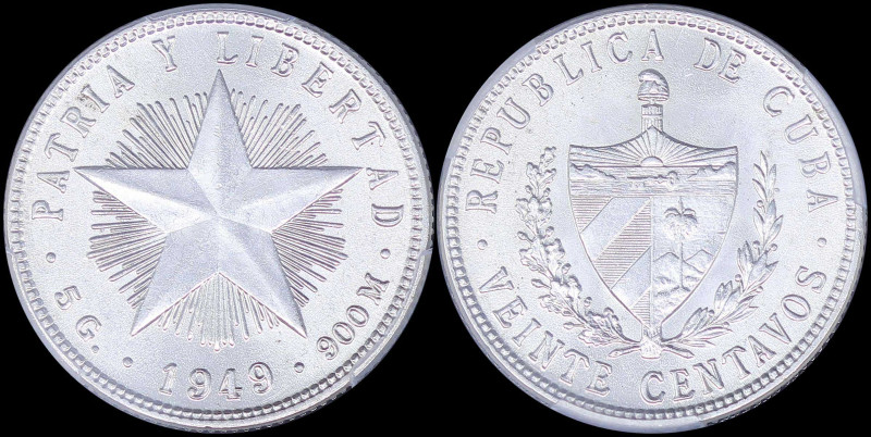 CUBA: 20 Centavos (1949) in silver (0,900) with national Arms within wreath and ...