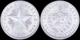 CUBA: 20 Centavos (1949) in silver (0,900) with national Arms within wreath and denomination below. Low relief star and date below on reverse. Inside ...