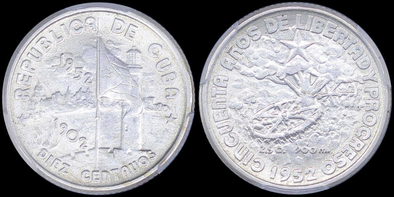 CUBA: 10 Centavos (1952) in silver (0,900) commemorating the 50th Year of Republ...