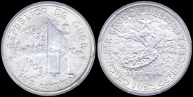 CUBA: 10 Centavos (1952) in silver (0,900) commemorating the 50th Year of Republic with two dates on the left of flag, tower at right and denomination...
