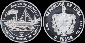 CUBA: 5 Pesos (1993) in silver (0,999) commemorating the Historia Postal de Cuba Steamship with national Arms, thick letters and wreath. Side-wheel st...