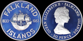 FALKLAND ISLANDS: 50 Pence (1983) in silver (0,925) commemorating the 150th Anniversary of British Rule. Young bust of Queen Elizabeth II facing right...