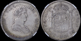 GUATEMALA: 8 Reales (1815NG M) in silver (0,896) with draped laureate bust of Ferdinand VII facing right. Crown above quartered Arms with pillars flan...